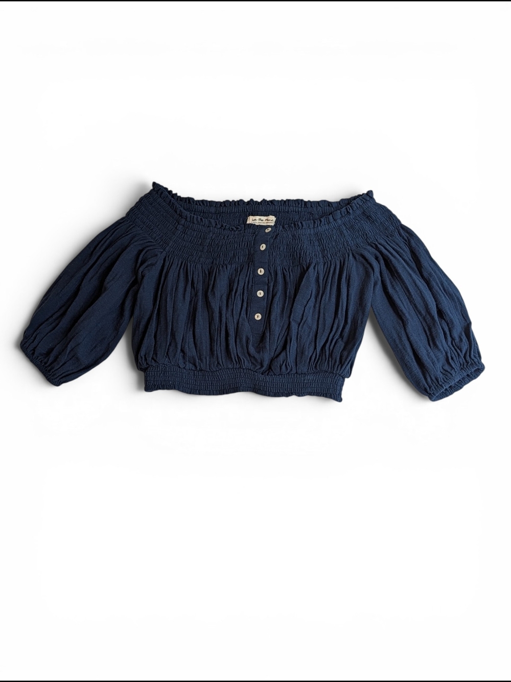 We The Free Smocked Off-Shoulder Navy Crop Top with Button Front Size XS